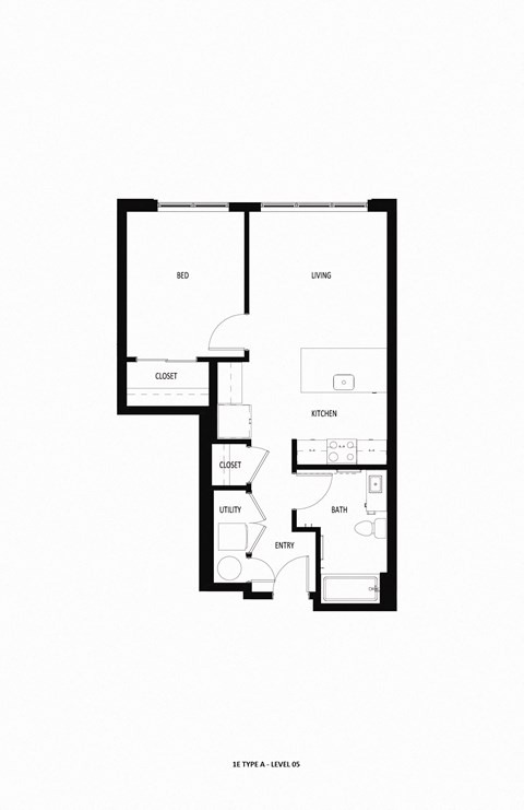 Floor plan for 1 bed, 1 bath, 626 sqft